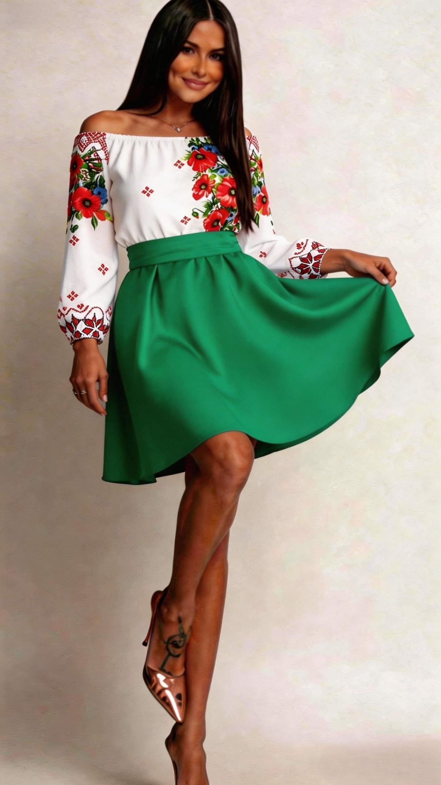 Rochie traditionala midi tafta verde cu maci rosii Azra
